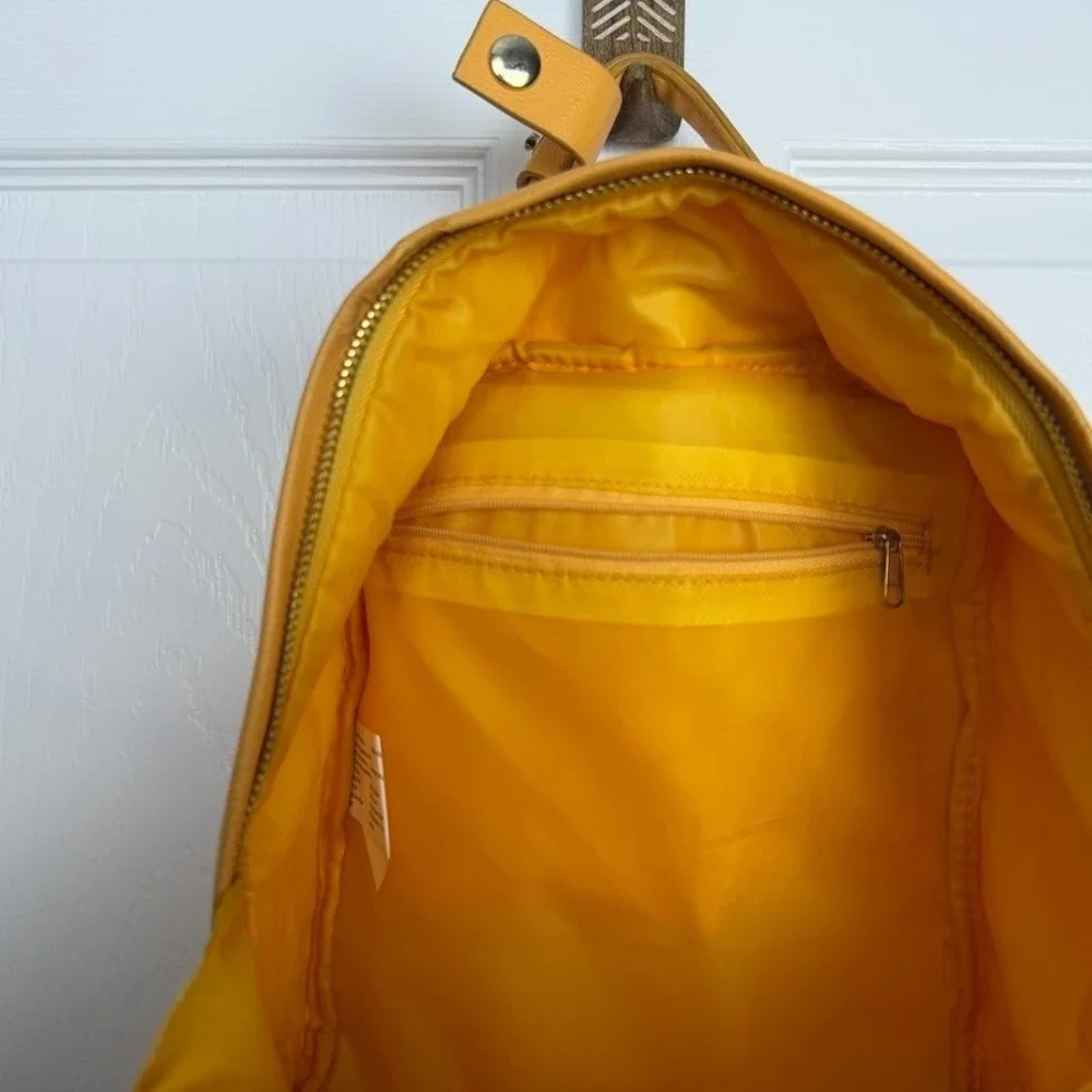 Yellow Faux Leather Small Backpack Pocket Front‎ Zip Closure Adjustable Straps